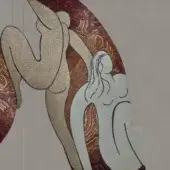 Mosaic artwork “Les Ballets Russes” by Sicis Vetrite, brown tones, features two figures in a circular, swirling tile pattern.