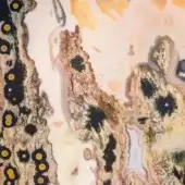 Sicis Vetrite surface, brown tone, swirling beige and cream patterns with dark brown veins and circular inclusions, glossy translucent texture.