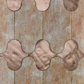Sicis Vetrite Corteza Brown wall panel, wavy bronze tiles, distressed blue-gray wood background, organic repeating pattern, reflective surface.