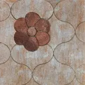 Decorative panel, distressed wood texture, circular mosaic with brown floral design, matte finish, subtle metallic sheen, beige and gray tones.
