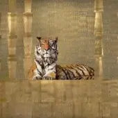 Golden geometric panels backdrop a digitally overlaid tiger with orange and black stripes, featuring brand text.