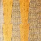 Sicis Vetrite tile, golden-orange and gray-beige, diagonally divided square with textured granular surface and vertical striations.