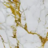 White marble texture with gold veins, displaying gray and white swirls and irregular gold leaf streaks, reflective accents, matte finish.