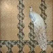 White peacock with iridescent plumage against golden-brown patterned panels and a decorative railing, featuring brand text overlay.