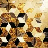 Mosaic texture with gold, bronze, and black hexagonal tesserae, featuring wood grain and glitter details, plus text “sicis > vetrite > golden > flames dorв”.