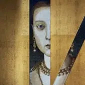 Mosaic portrait featuring beige and cream tiles, accented with textured gold leaf panels and a dark blue background.