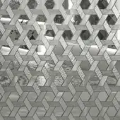 Geometric architectural screen, grey Vetrite glass tiles, interlocking hexagonal pattern with water reflections and metallic sheen.