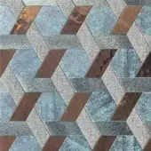 Hexagonal mosaic pattern featuring bronze, grey, and taupe rectangular tiles in a repeating geometric layout with varied textures.