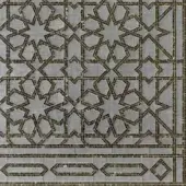 Grey and dark brown mosaic tile pattern, “sicis vetrite arabie,” features geometric stars, linear designs, a grid layout, and textured surface.