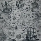 Vintage map with detailed illustrations of ships, continents, sea creatures, and astrological symbols on a dark grey background.