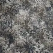 Sicis Vetrite textile, grayscale floral motif on distressed background, layered lines create depth, vintage aesthetic, grey and beige tones.