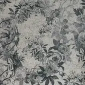 Sicis Vetrite textile, grey floral pattern, detailed botanical design with roses, lilies, and scrollwork on a textured grey background.