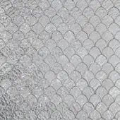 Sicis Vetrite material sample, grey Cobra aluminum finish, dense overlapping semi-circular scale texture, speckled metallic surface.