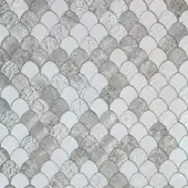Mosaic tile installation, grayscale palette, scale-like pattern with speckled texture and metallic flecks, matte finish, Sicis Vetrite Cobra Mix.