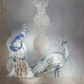 Mosaic artwork, grey tiles, two peacocks in blue-white and grey-white, detailed mosaic style, taupe column, textured surface, studio lighting.