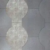 Interlocking tile pattern with grey grid and striated beige/taupe marble-like tiles, featuring “sicis > vetrite > grey > columna taupe” label.