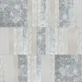 Distressed grey tile texture with alternating solid panels and ornate floral damask patterns in a grid, featuring matte and reflective surfaces.