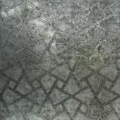 Geometric mosaic surface with silver-grey vetrite tiles in a diamond and square pattern, labeled “sicis > vetrite > grey > jacy” against a grey backdrop.
