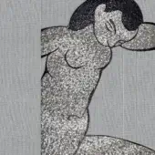 Grey mosaic artwork of a reclining woman, featuring square tiles and a circular torso pattern against ribbed grey panels.