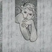 Mosaic artwork, grey glass tiles, stylized seated woman with swirling backdrop on textured grey concrete wall with vertical panels.
