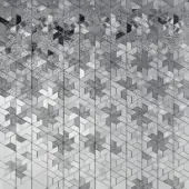Geometric tessellated pattern in grey gradients with pinwheel motifs, granular texture, seamless repeat; Sicis Vetrite grey collection.