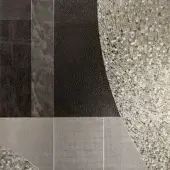 Sicis Vetrite mosaic tile sample board, grayscale palette, curved geometric patterns, brushed metal, wood grain, woven texture panels.