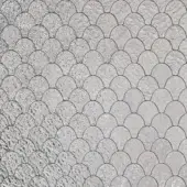 Metallic grey aluminum texture with overlapping semi-circular scales, dark grey lines, and a granular, shimmering, reptilian pattern.