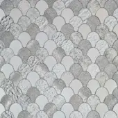 Sicis Vetrite mosaic tile pattern, grey and white, overlapping semi-circular tiles with snake-like texture and glossy finish.