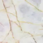 Sicis Vetrite texture, white marble with grey and lavender veining, featuring golden-yellow spiderweb fissures and a polished sheen.