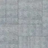 Troy Feather Grey stone texture, irregular tile mosaic with dark grout lines, honed surface, subtle white veining, grid layout.
