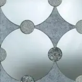 Geometric mirror panel, grey Vetrite glass, interlocking circles and diamonds with textured grey inlays and clustered bead details.