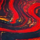 Abstract acrylic painting, red and black swirling patterns, with gold and amber streaks, evoking flowing currents and dynamic movement.