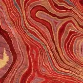 Red rug with swirling organic pattern, featuring crimson, rose, gold, gray, and brown tones, thick undulating lines, and a plush, textured pile.