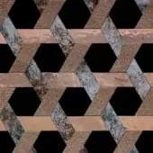 Geometric mosaic pattern with distressed copper, bronze, and blue-grey marble tones in a hexagonal grid with dark accents.