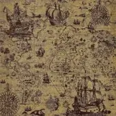 Vintage world map graphic in sepia and indigo tones, featuring continents, ships, compass roses, and aged, distressed details with historical text labels.