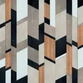Geometric Vetrite Shadow Decart pattern with gray, beige, white, charcoal, and copper tones in a vertical, fragmented grid structure.