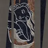 Triptych artwork, mosaic background, white-line drawing of reclining woman with bracelet, silver and brown central panel, dark gray frame.