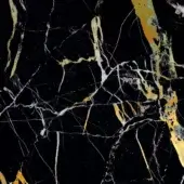 Black marble texture with gold, white, and green veining, displaying an irregular organic pattern and reflective glossy finish.