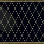 Black and gold geometric textile design with repeating diamond lattice, knot details, and textured border; metallic finish.