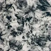 Sicis Vetrite Shadow Ricordo Black Ele Panna textile displays layered botanical silhouettes in black, gray, and white with a mottled background.