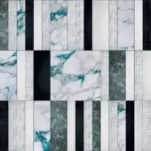 Rectangular tile pattern with gray concrete, white turquoise marble, and black sections, creating a mosaic effect; includes “Diclasi Electric Turchese”.