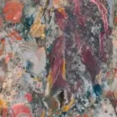Sicis Vetrite surface, yellow-orange mosaic, organic pattern with layered red, gray, and black textures, featuring linear markings.