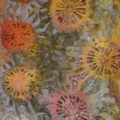 Abstract sunburst pattern in yellow, orange, gray, and olive green with radiating linear segments and layered glass texture.