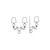 Vermont wall lamp line drawing, black on white, three fixtures with square shades and curved arms in symmetrical arrangement.