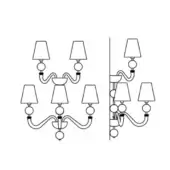 Vermont wall lamp technical drawing, metal arms with conical shades, symmetrical design showing five and four shade configurations.