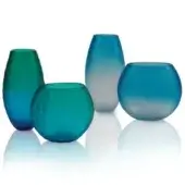 Glass vases, gradient color, blown glass – green to light green, blue to gray, turquoise to light blue, reflective surface.