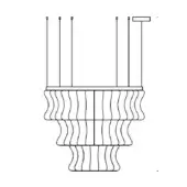 Crown suspension lamp, black and white line drawing, tiered layered design with six cable supports and curved horizontal bands.