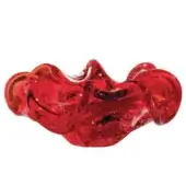Red and gold glass sculpture “aura”, abstract undulating form, translucent hue with gold flecks, glossy reflective finish, studio setting.