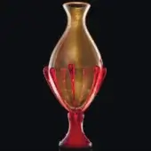 Glass vase, polished gold and red, flared bowl shape with droplet-like red glass extensions and metallic sheen.