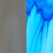 Abstract color block composition featuring muted gray and swirling vibrant blue hues with indigo streaks, creating a fluid, dynamic visual structure.